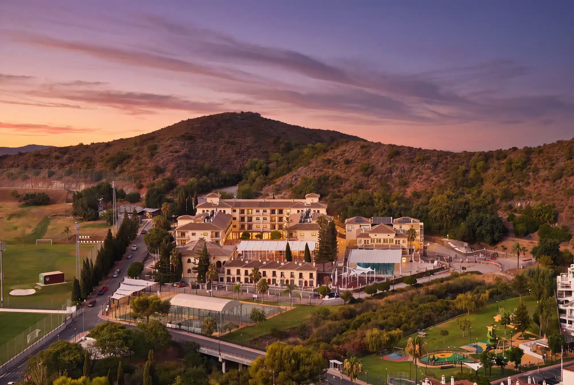 Aerial view of the Creators International School campus in the hills above Benahavís